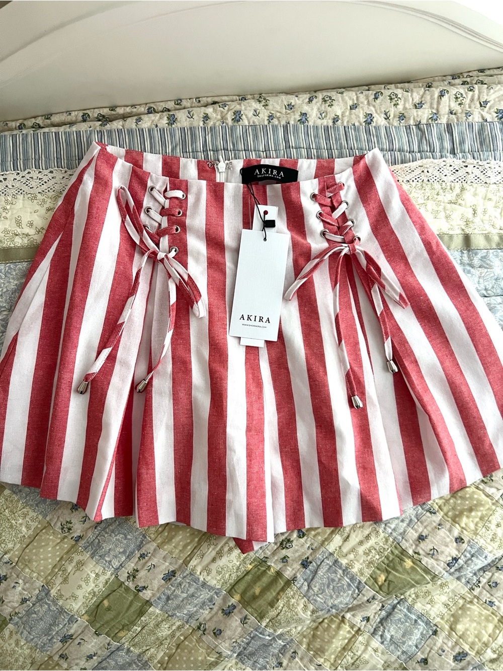 AKIRA Red & White Stripes Fourth of July Lace-Up High Waist Shorts